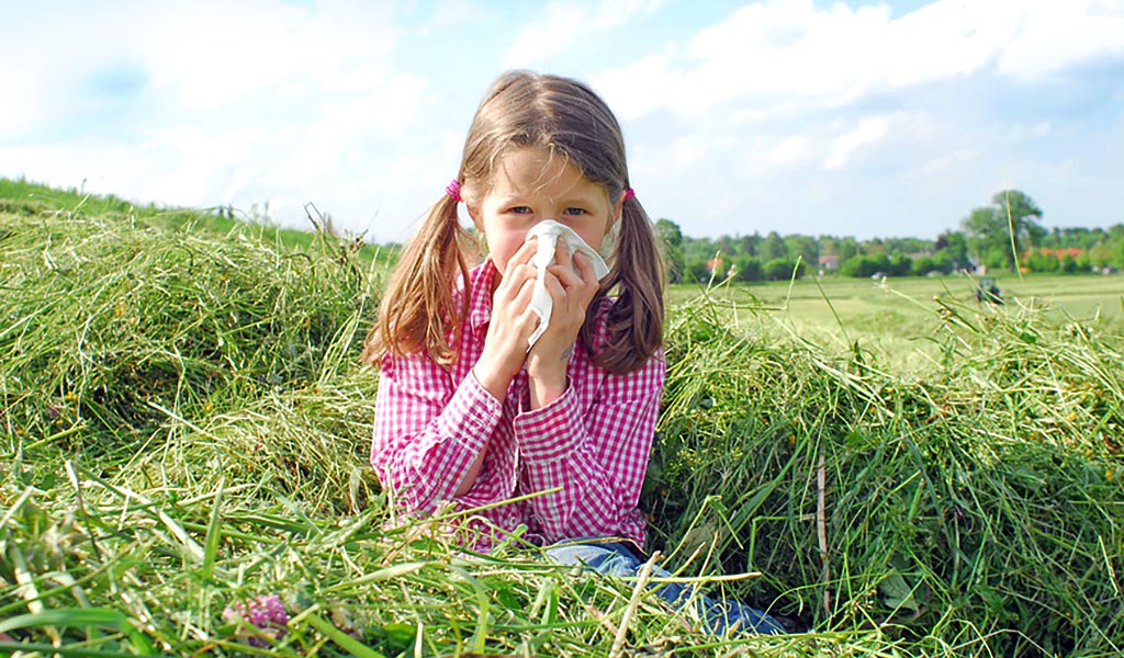 Kind mit Heuschnupfen-Beschwerden putzt sich die Nase