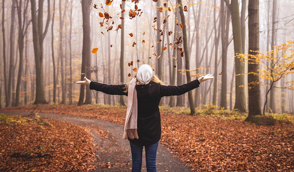 Frau in einem herbstlichen Wald, die mit ausgebreiteten Armen fallende Blätter in die Luft wirft. Die Umgebung ist von Laub bedeckt, und die kahlen Bäume im Hintergrund erzeugen eine ruhige, neblige Herbststimmung.